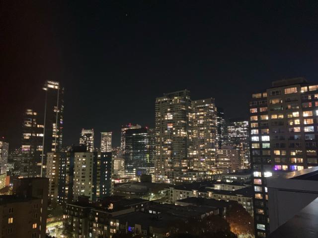 The luminous Seattle skyline, tall buildings ascend into the night sky. 