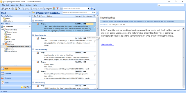 Microsoft Outlook 2007 showing 20 messages from a mailbox named "@Gargron@mastodon.social".  The right preview panel says "Eugen Rochko: I don't want to just be posting about numbers like a clock, but the 2 million mark of monthly active users across the network is a pretty big deal. This is going big numbers! Shout out to all the server operators who are absorbing this wave."