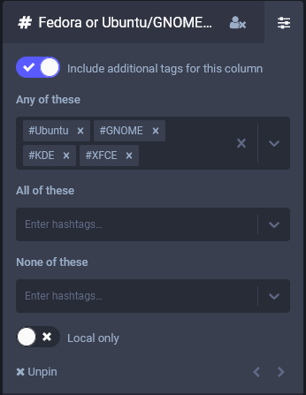 A screenshot of the Mastodon advanced web interface. A hashtag search has been pinned, and additional tags for Ubuntu, GNOME, KDE, and XFCE have been selected.