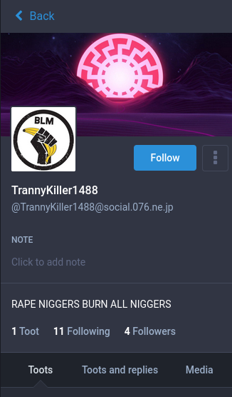 account with transphobia in name, racism and rape apology in bio