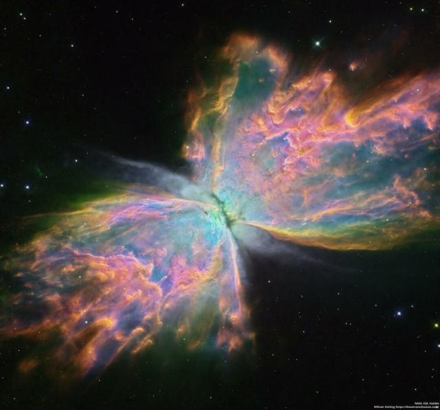 The featured image shows the Butterfly Nebula as imaged by Hubble. The nebula appears very colorful due to a expansive color map used by the digitizing processor.