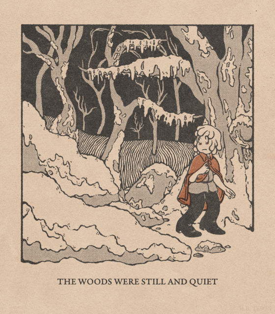 Digital illustration in the style of old print. A humanoid figure wearing a red cape stands in the foreground looking over her shoulder. Behind her is various moss-covered rocks and trees. Below the illustration reads "The woods were still and quiet."