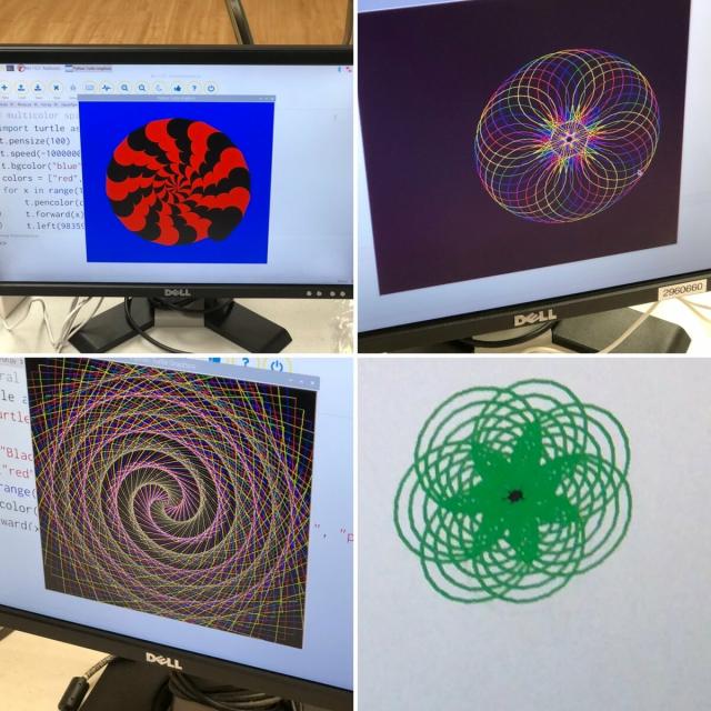 Screen pictures of spirals created with Python and turtle module. 