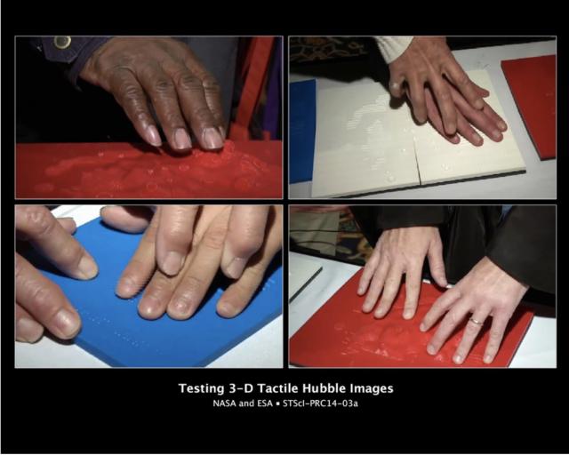 4 panels, showing hands on 3-D tactile Hubble photos