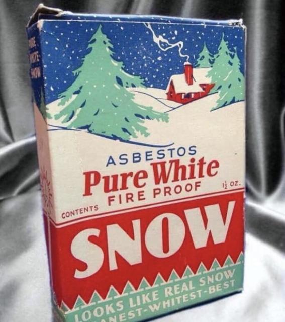 A box of asbestos “pure white, fire proof” snow. It looks like a 1950s cereal box with pine trees on it
