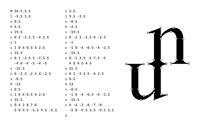 SVG path listed as individual commands, each begins with a letter and has a different number of parameters, all form an uxn logo, which is presented on the right with all of the vertices highlighted