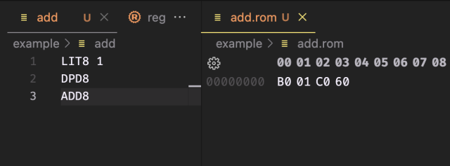 assembly language on the right with its byte representation on the left, for code that executes `1 + 1`