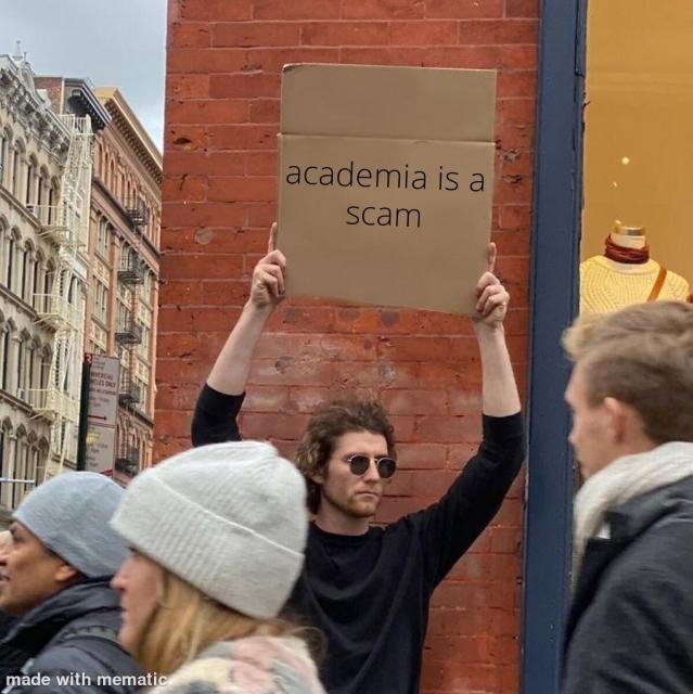 It's a meme of a person in a crowd holding up a cardboard sign. They are wearing sunglasses. I wrote 'academia is a scam' on the cardboard