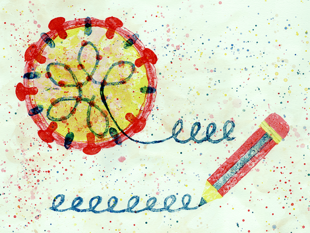 Aquarelle print of a red, yellow and blue coronavirus with its looping RNA organised inside, which then loops out of the virus and turns into writing loops that join up to a pencil