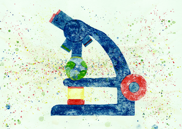 An aquarelle print of a blue microscope examining the world