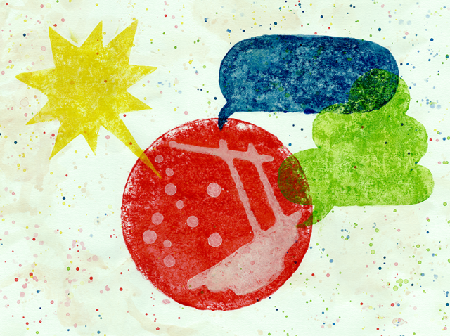 An aquarelle printed red streak plate with white colonies and yellow, blue and green speech bubbles coming from different parts of the plate