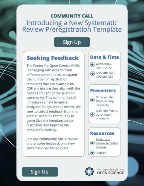 Flyer advertising community call "Introducing a New Systematic Review Preregistration Template" happening December 7, 2022 at 10 am eastern time USA. Hyperlink to zoom registration.