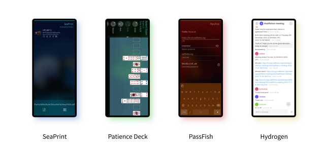 Screenshots of four Sailfish OS apps: SeaPrint, Patience Deck, PasFish and Hydrogen.
