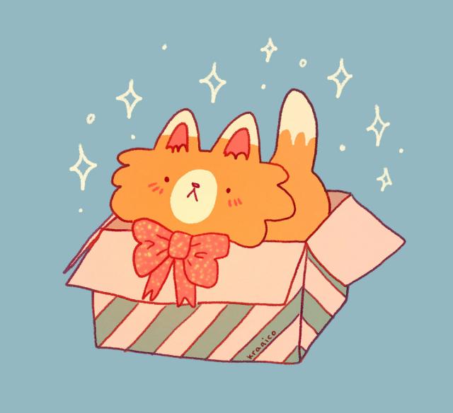 Digital illustration in a cute style of an orange cat with creme markings sitting in a green and beige striped box. the cat is wearing a big sparkly red bow around their neck.