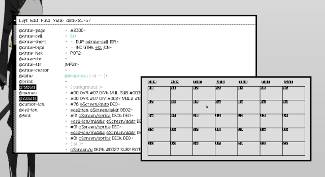 A calendar applications with hex numbers for cell ids and outlines.