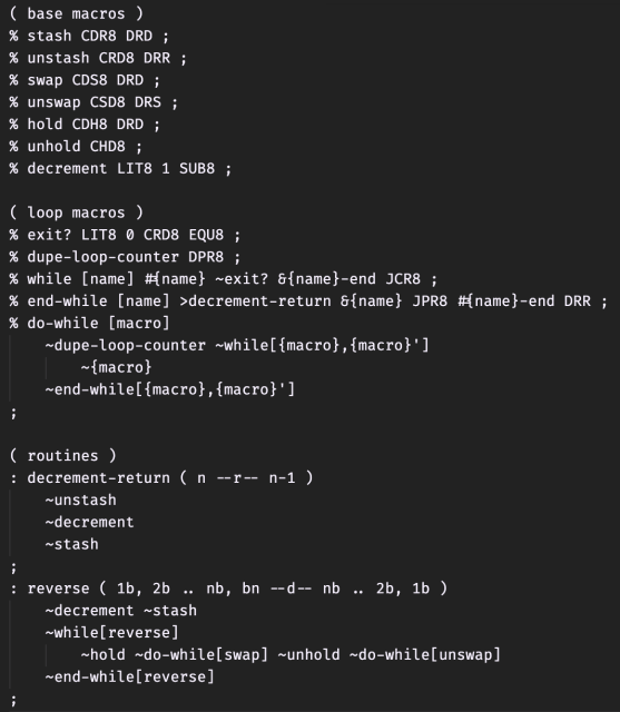 A screenshot of a text file showing a custom assembly language that implements a stack reversal routine.