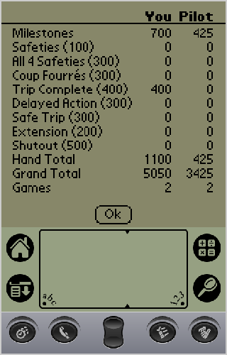 A screenshot of a Palm Pilot emulator showing the scorecard for the final game of Rally 1000. You need 5000 points to win, and I have just accumulated 5050. Take that, Pilot opponent!

(this screenshot is two days in the making)