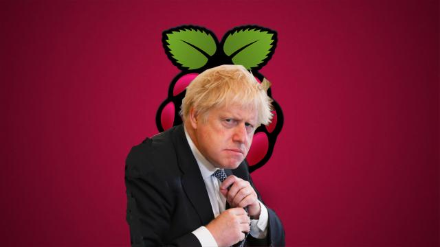 Boris Johnson looking especially frumpy and hunchbacked, glaring at the camera, adjusting his tie with both hands like some kind of caveman, badly photoshopped over a raspberrypi wallpaper similar to the one toby the cop was copied and pasted over in the original post.