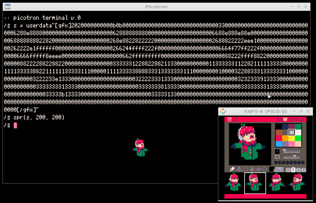 Picotron terminal showing sprite data from PICO-8 pasted as text as an argument to the userdata() function.