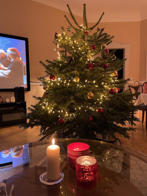 A pine tree decorated with red and gold baubles as well as fairy lights