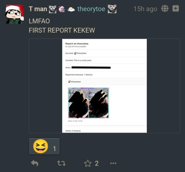 theoryJoe posts: LMFAO, first report keKew. attached: screenshot saying "this is a racist post" with a racist meme attached