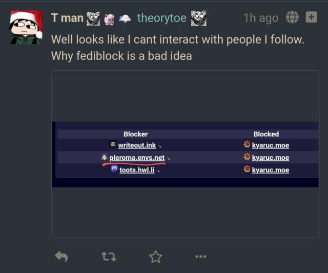 theoryJoe: well looks like I can't interact with people I follow. why FediBlock is a bad idea. attached: screenshot of a table with columns "blocker" and "blocked". blocked is three times kyaruc.moe, blocker is three instances, the middle one (pleroma.envs.net) highlighted.