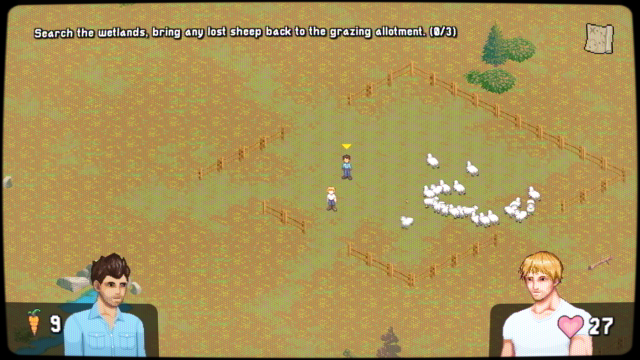 game screenshot of 2 pixel art dudes standing in a field next to pixel art sheep