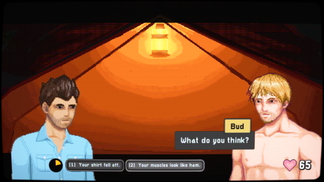 game screenshot of 2 pixel art dudes in a tent, talking... the hunky shirtless one says "What do you think?" and the other one is gonna respond "Your muscles look like ham"