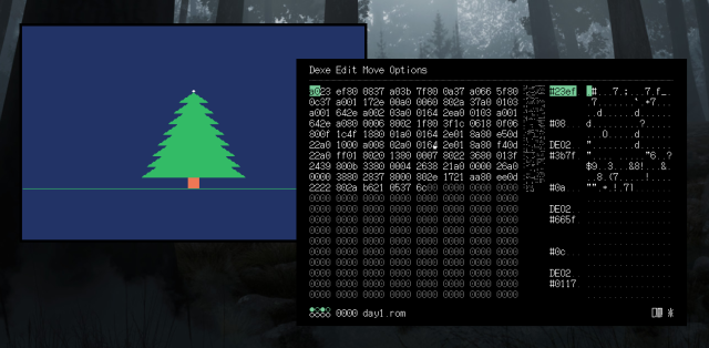 Pine tree in pixelart, with the hex data of the program.
