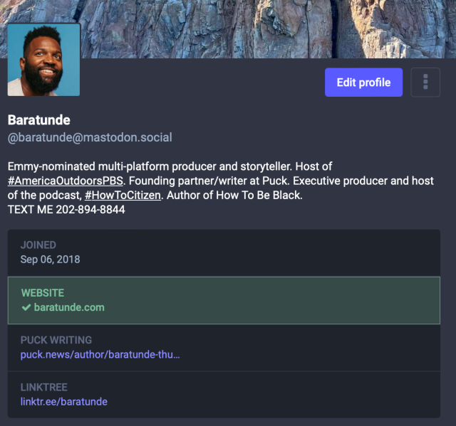 screenshot of baratunde's mastodon profile showing the green check mark on his website baratunde.com 