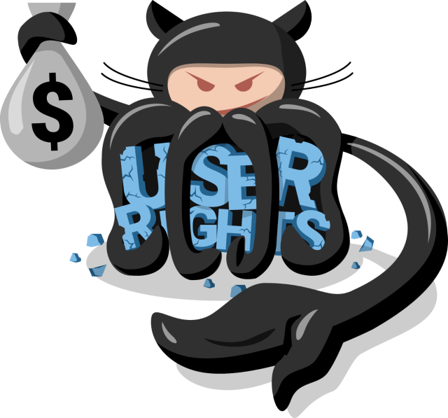 GitHub Octocat mascot with a sack of money and crushing the words "USER RIGHTS"