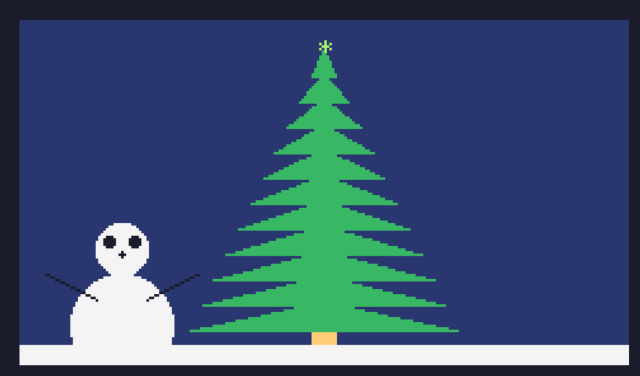 a low resolution scene featuring a christmas tree with a star on top and a snowperson with round eyes and nose and stick arms