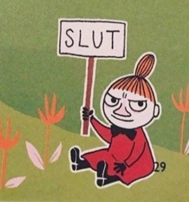 little my from moomins by tove jansson sitting on the grass, holding a big sign with her right hand, that reads "SLUT". her facial expression is sly. she has seen all my sins committed.