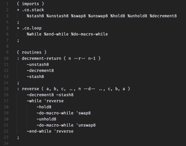 Screenshot of source code for a prototype assembly-level programming language.