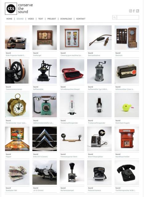 Screenshot from the "Conserve the Sound" website with a gallery of thumbnail images of everyday objects line clocks, telephones, a coffee mill etc.