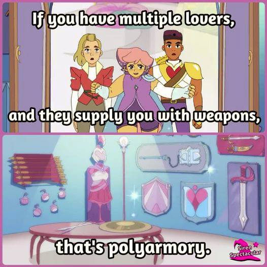 Comic, first panel with three people entering a room: "If you hve multiple lovers, and they supply you with weapons,"; second panel, view into an armory: "that's polyarmory."