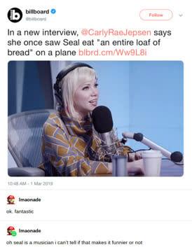 Billboard: "In a new interview Carly Rae Japsen says she once saw Seal east an entire load of bread on a plane" 