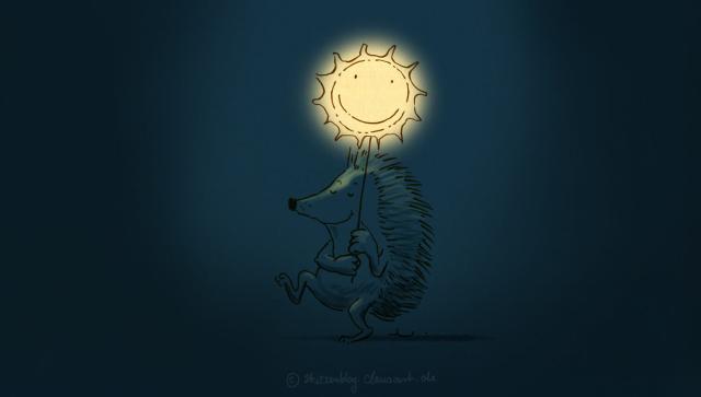 Solstice Hedgehog marching with a sun sign