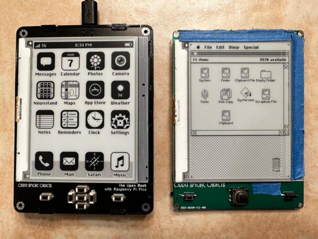 Photo, two Open Book boards displaying a retro-styled iPhone Home Screen and a 1980s era Macintosh desktop. 