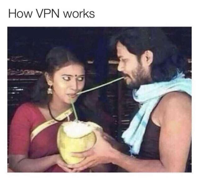 Captioned "How VPN work) this image depits a woman drinking from a coconut with a straw. A man, adjacent to her, has a straw connected from his mouth into her mouth