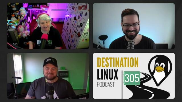 A screenshot of Jill, Michael & Ryan on Destination Linux #305! 😂🐧🐧🐧