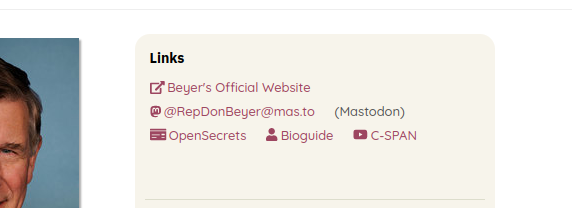 Screenshot of GovTrack.us showing a link to a legislator's Mastodon account.