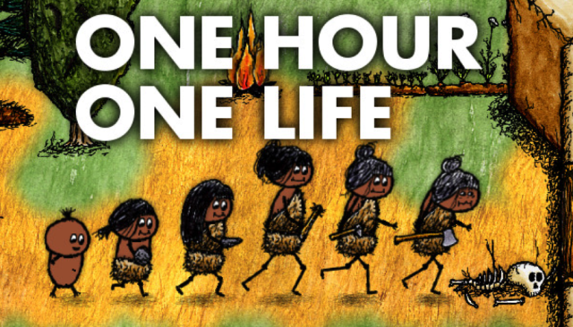 Screenshot of "One Hour One Life" it shows hand-drawn artwork featuring a the life-cycle of a woman, she appears first as a baby, then a child, then a young woman then in old age, and, at last, a pile of bones. 