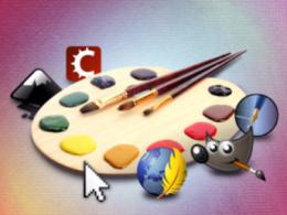 una paleta con pinceles y colores rodeada de logos de software libre para diseño gimp, krita, inkscape, etc)