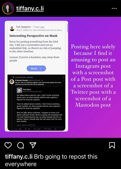 Instagram post of a screenshot of a Post post of a screenshot of a tweet of a screenshot of a Mastodon post
