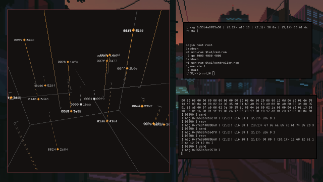 Screenshot of two terminals and a graphical window showing a star chart in an aliased style.