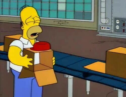 Homer sad because he thinks Bart has been made into a box after being told he went missing on a field trip to the box factory and finding his lucky red cap on a partially assembled box.