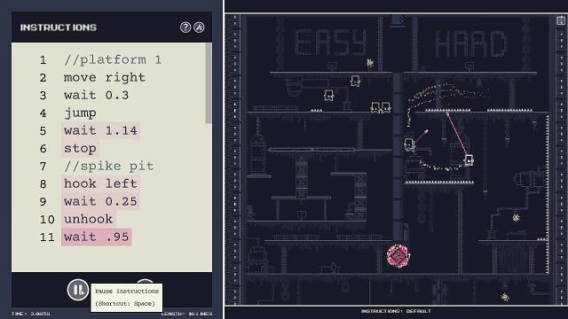 programming on the left to instruct bots to move across platforms on the right