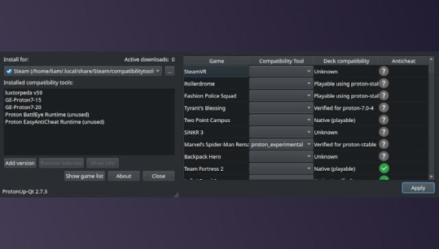 protonup-qt application showing a list of tools and games using different tools