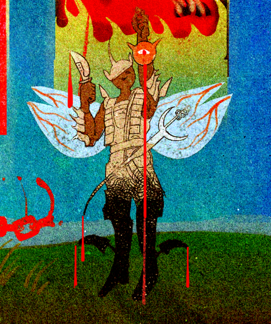 fae with spiky armour and a helmet with a horn on it, also holding a demon head aloft. Knuckleduster rapier. 